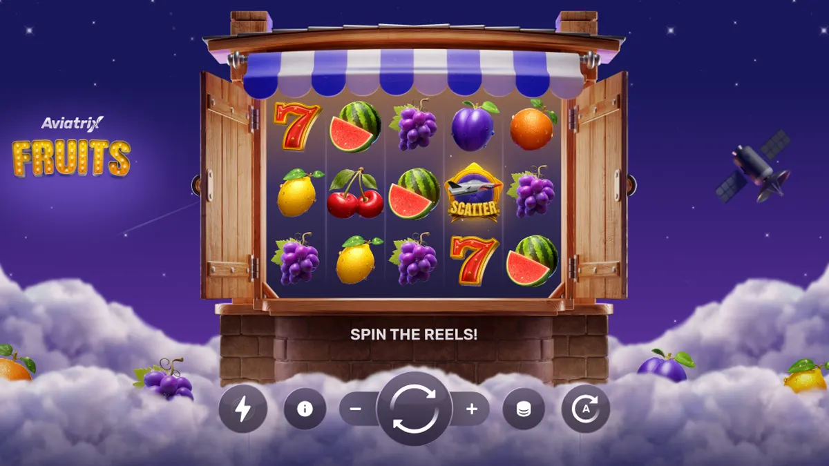 Interface do jogo Aviatrix Fruits mostrando símbolos de frutas e elementos de aeronaves