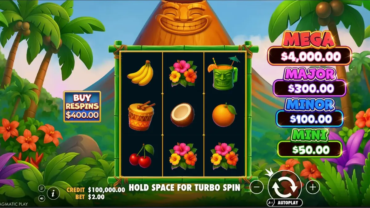 Visual vibrante e tropical do slot Super Tiki Strike com tema de ilha